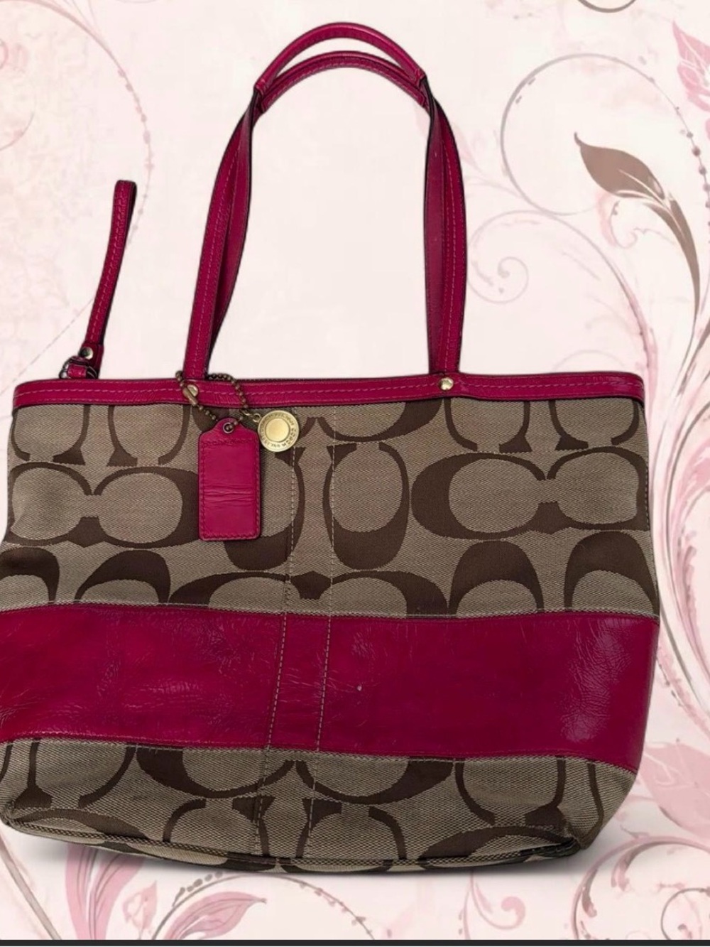 Coach Brown Signature Canvas Tote with Pink Leather Trim